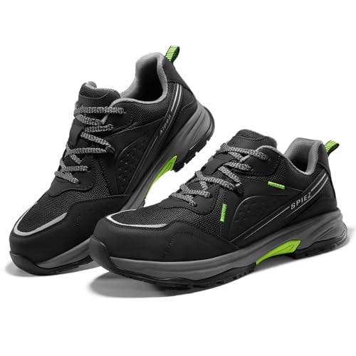 SPIEZ Calçado de segurança para homem, resistente ao óleo, antiderrapante, ponta composta, calçado de segurança e para exteriores, preto/verde (EU 40-46)
