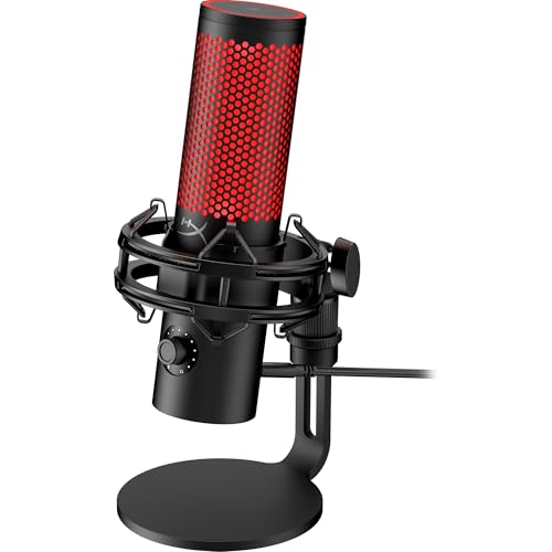 HyperX Quadcast 2 Microfone USB para jogar, streaming, podcast, quatro padrões polares, controles, LED, antivibração, para PC, PS4, PS5 e Mac, preto e vermelho