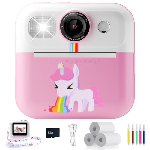 Câmara com fotos infantis instantâneas, 2,4" HD 1080P câmara instantânea para crianças com cartão de 32 G canetas coloridas e papel de impressão, presente para meninos e meninas de 3, 4, 5, 6, 7, 8, 9