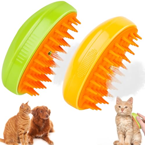 2 peças escova de vapor para gatos, Steamy Cat Brush 3 em 1 escova de vapor para gatos para massagem escovas de cão auto-limpeza, para gatos cães massagem escovas auto-limpantes (amarelo verde )