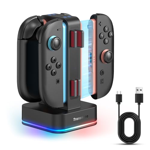 TRANSNOVO Carregador compatível com Nintendo Switch 2, estação de carregamento 4 em 1, com 8 ranhuras para jogos, indicador LED e 9 modos RGB, carregamento 1-4 Joycon simultaneamente