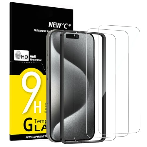 NEW'C 3 peças, protetor de ecrã para iPhone 15 Pro (6,1 polegadas), vidro temperado com ferramenta de instalação fácil incluída, anti-riscos, anti-impressões digitais, dureza 9H, ultra resistente