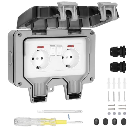 SHYOSUCCE Tomada de exterior dupla, tomada de alimentação IP66 com interruptor, conector de cabo e tampa rebatível, tomadas estanque para cozinha, casa de banho, garagem, piscina e jardim, preto,
