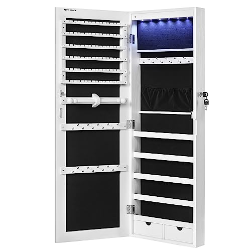 SONGMICS Espelho caixa de jóias de parede, espelho caixa de jóias pendente sem moldura, armário de jóias com 6 LEDs para pendurar na parede ou na porta, grande capacidade com 2 gavetas, branco JJC99WT