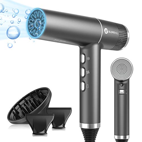 Secador de cabelo, Slopehill Secador de cabelo profissional iónico com motor sem escovas exclusivo | microfiltro inovador | Tecnologia Oxy ativo, ecrã LED, 2000 W | (cinzento)