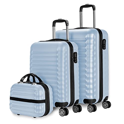 NUMADA Conjunto de malas rígidas 3/4 peças, mala de cabine 53 cm, média 63 cm, grande 75 cm e necessitar. Resistentes, leves e seguros, 4. Azul, Conjunto de malas de viagem ABS Eco Friendly, 4 rodas