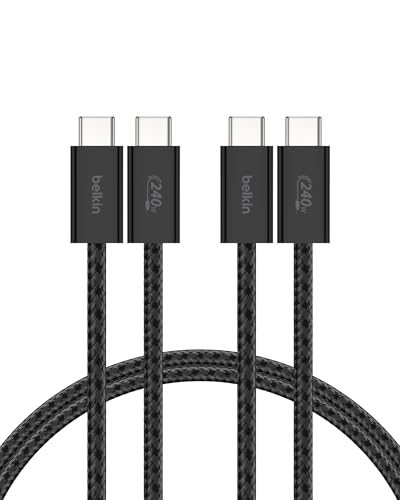 Belkin Embalagem de 2 cabos trançados USB-C para USB-C de 1,5 m (240 W), carregamento rápido, cabos de alimentação flexíveis USB tipo C para iPhone 16 e 15, Galaxy S25, Pixel 9, iPad Pro e outros
