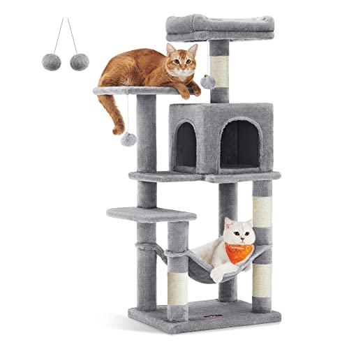 Feandrea Raspador para gatos, árvore para gatos, altura de 112 cm, torre com 4 postes, 2 plataformas, 1 gruta, 1 rede, 2 pompões, tecido de pelúcia, multível, cinzento claro PCT261W01