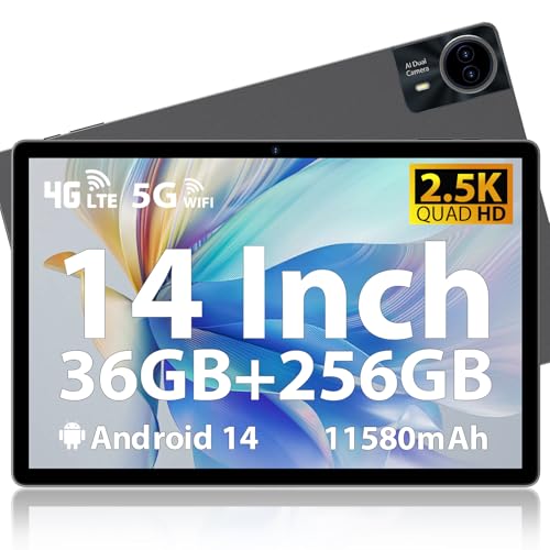 MAXLEGEN Tablet de 14" 2,5 K Android 14 tablet, 36 GB RAM, 256 GB ROM expansíveis até 1 TB, 4G LTE SIM+5GWiFi, Octa-Core, 4 altifalantes, 11580 mAh, 13 MP câmera, inclui FX Unda/Auricular cular y tab