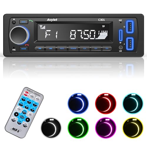 Rádio carro 1 DIN, Avylet autorrádio Bluetooth 5.0 suporta chamadas mãos livres/FM/AUX-IN/U Disk/controlo remoto, luz de botão de 7 cores, 60 W x 4, carregamento rápido