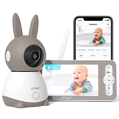 ieGeek 5" 2 K/3 MP, câmara de vigilância para bebé, 360° PTZ monitor para bebés com câmara e visualização dupla de ecrã, deteção de movimento, áudio de 2 vias, visão noturna, controlo de monitor e