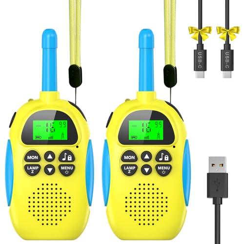 Ushining Walkie Talkie recarregável para crianças, Walkie Talkies com função VOX 10 tons de chamada LCD retroiluminado lanterna longa distância 3 KM, presente para crianças, amarelo