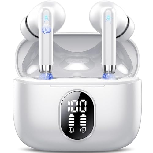 QXQ S26 Auriculares Bluetooth 5.4, 2025 novos auriculares sem fios Hi-Fi estéreo com 4 ENC microfones, 40 horas mini capacetes sem fios Bluetooth com ecrã, auriculares brancos para Android iOS