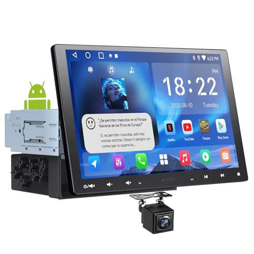 ATOTOEXCEL 10,1 polegadas rádio carro 2 DIN e adaptador único, CarPlay e Android Auto sem fios, Tethering WiFi/BT/USB, EQ de 24 bandas, câmara de marcha traseira, HD LRV, 2G + 32G