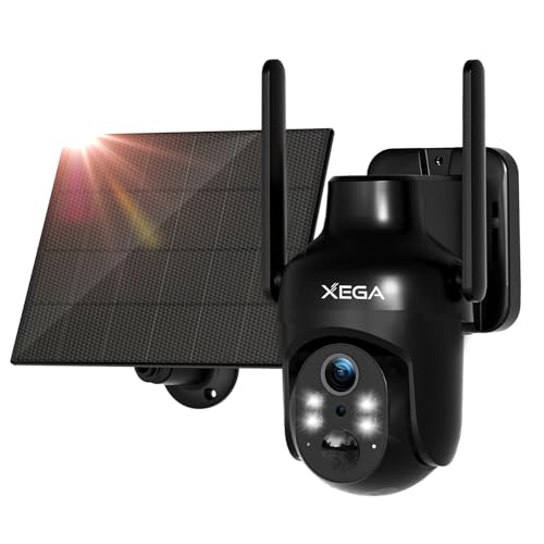 Xega Câmara de vigilância WiFi exterior solar, 2 K HD visão noturna colorida, 5200 mAh bateria incorporada, detecção humana PIR áudio bidirecional nuvem/cartão TF WiFi 2,4 GHz sem fios IP66