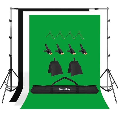 Vevelux Kit de suporte para fundos 2,6 x 3 M ajustável, suporte para fundos com 3 pano de fundo de poliéster (branco, preto, verde) e 8 pinças para estúdio fotográfico, vídeos e retrato