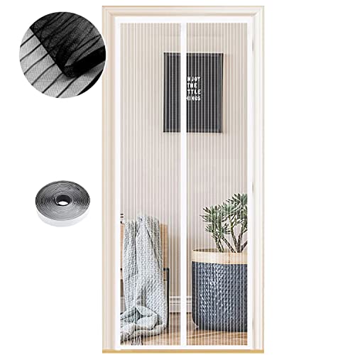 Mosquiteira de porta magnética, 115 x 210 cm, vários tamanhos, cortina mosquiteira para porta exterior, fecho automático, não requer ferramentas, fácil de instalar, riscas brancas