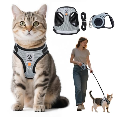 Aedcbaide Arnês gato anti-escape, arnês gatos anti-escape com corda de tração telescópica automática de 5 m / 16,4 pés, ajustável à prova de correia gato com refletor noturno