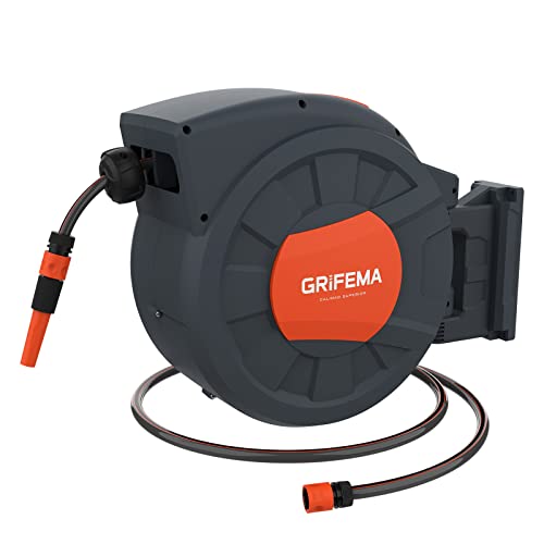 GRIFEMA G301-35 Bobina de mangueira de jardim automático, enrolador de mangueira de parede de 35 M com rotação de 180 graus, com ajustável, cinzento [exclusivo na Amazon]