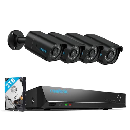 Reolink 4K Kit câmaras de segurança, NVR 8CH 4X câmaras PoE de vigilância exterior, 2 TB HDD gravação 24/7, deteção de pessoas/veículos, IP67 impermeável, visão noturna, RLK8-800B4 preto
