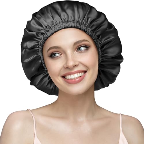 Umisleep Boné de seda para dormir 22 Momme, gorro de noite 100 % seda de amoreira, respirável e ajustável, certificado OEKO-TEX® Standard 100, ideal para o cuidado do cabelo, Preto