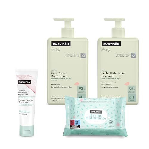 Suavinex, Pacote cosmético de grande formato. Inclui: Gel-champô macio 750 ml leite hidratante 750 ml pomada fralda 50 ml pack toalhas 25 unidades. Pacote bebé recém-nascido, 4 produtos