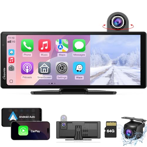 Carpuride W904 Wireless Carplay & Android Auto com Dash CAM - Ecrã táctil IPS HD de 10" para carro, câmara frontal 4K e traseira 1080P, gravação em loop, áudio Bluetooth, Mirror Link, GPS, Siri