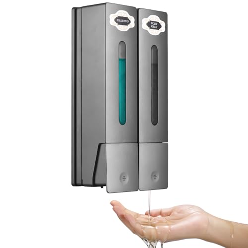 Decdeal Dispensador de sabão de mãos de 400 ml x 2, seguro, ABS, sem perfurações, dispensador de sabão para montagem na parede com janela transparente, saída de líquido separada, design de bloqueio