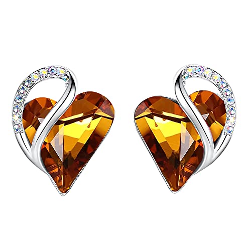 Leafael Birthstone Coração brincos de mulher | Birthstone brincos com coração e cristais corativos | Livre de alergias brincos modernos com caixa de presente incluída