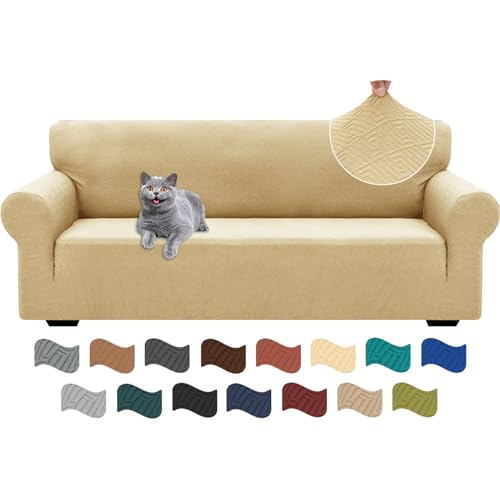 Ystyle Capa para sofá de 3 lugares ajustável, capas para sofá elástico, capa de sofá anti-gatos cães, sofá cover com apoios de braços, Jacquard capas cobertura sofá antiderrapante lavável, bege