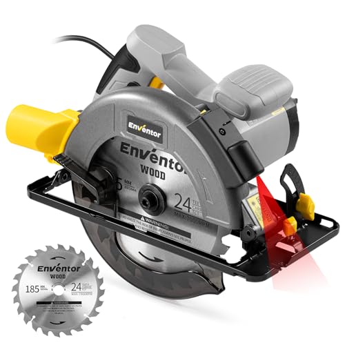 Enventor 1400 W Serra circular com guia, serra circular manual 6000 RPM, profundidade de corte 62 mm (90 °), 48 mm (45°), lâmina de serra de 185 mm (24 T), motor de cobre puro, ideal para cortar
