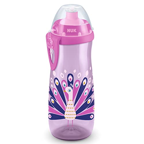 NUK Sports Cup caneca para crianças com efeito camaleão | 24 meses | 450 ml, boca com fecho de empurrar - puxar à prova de fugas e fácil de abrir, mudança de cor, clipe e tampa | pavão real (rosa)