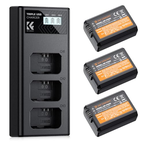 K&F Concept 3-Pack NP-FW50 1100 mAh bateria e carregador LCD de 3 ranhuras compatível com Sony ZV-E10, Alpha A6000 A6300 A6400 A6500 A5000 A5100 A7 A7II A7R A7RII A. 7S A7SII RX10 II III câmaras