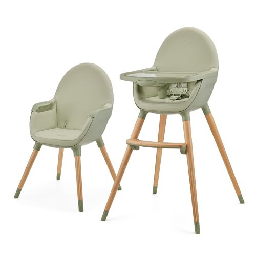 kk Kinderkraft FINI 2 Cadeira infantil 2 em 1, cadeira infantil, cadeira alta portátil, pernas de madeira, bandeja ajustável, fácil de limpar, para crianças, verde