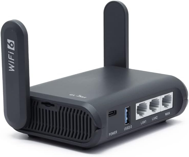 GL.iNet AXT1800 (Slate AX) Router WiFi 6 para casa e viagens, 1800 Mbps, WiFi 6 802,11ax, banda dupla 2,4 GHz/5 GHz, 3 LAN porta Gigabit, 2 antenas externas, VPN, IPV. 6, WPA33 , MU-MIMO, OFDMA