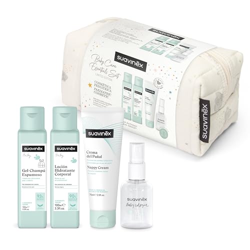 Suavinex, Neceser de tecido para bebés, conjunto presente para bebé recém-nascido com cosméticos: Gel champô 100 ml loção hidratante 100 ml creme fralda 75 ml Baby Cologne 50 ml. Formato de viagem.