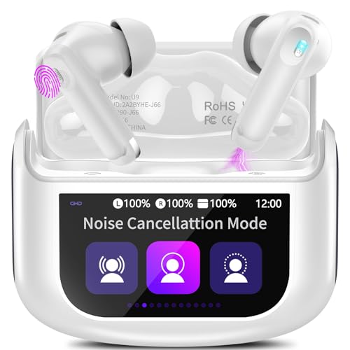 Auriculares sem fios Bluetooth com ecrã tátil LED, 48H, auriculares Bluetooth 5,4 HiFi estéreo, 4 HD Mic com redução de ruído ANC+ENC, IPX7 impermeável, 5 EQ modos capacetes sem fios branco