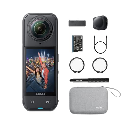 Insta360 Pacote essencial X5 - câmara 8K 360º impermeável, líder com pouca luz, efeito Selfie Stick invisível, lente dura e substituível, bateria de 3 h, antivento incorporado, estabilização