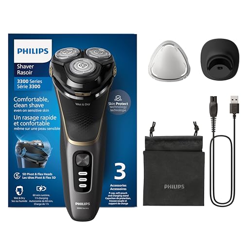 Philips Série 3000 Máquina de barbear elétrica para homem, máquina de barbear com cortinadores, 27 lâminas, cuidado da pele, 60 min de uso, seco e húmido, recarregável, capa, base de carregamento,