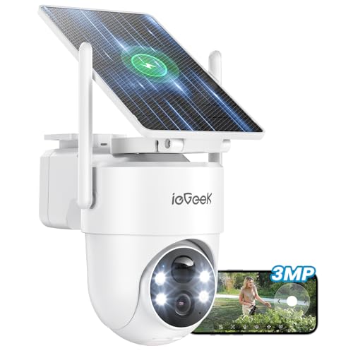 ieGeek 2 K/3 MP Câmara de vigilância Wi-Fi exterior solar, painel solar removível, 360 ° PTZ, câmara de vigilância sem cabos, deteção humana, alerta de perigo, visão noturna cor, IP65