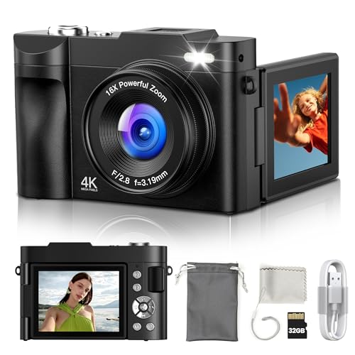 Câmara de fotos digital 4K profissional: Câmara digital com ecrã ajustável de 180° - câmaras compactas com 32 GB cartão - 16 X zoom câmara para iniciantes menina meninos menino