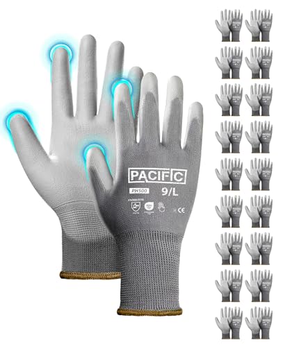 PACIFIC 18 pares de luvas de segurança com revestimento de poliuretano, luvas de trabalho multiusos, para homem, malha sem costuras, aderência potente, cinza, L/9