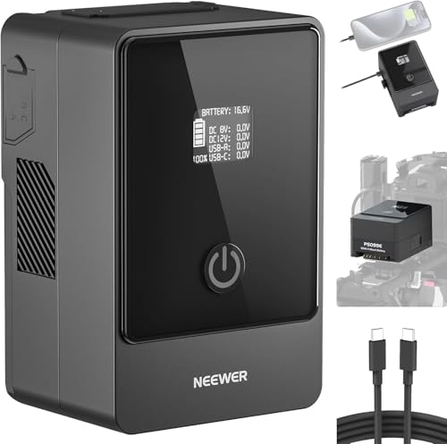 NEEWER Mini bateria V montagem com cabo tipo C, 6800 mAh 99 WH 14,5 V bateria V-Lock com ecrã OLED/PD 65 W USB-C/D Tap/BP/USB A/DC para câmara de fotos, PS099E
