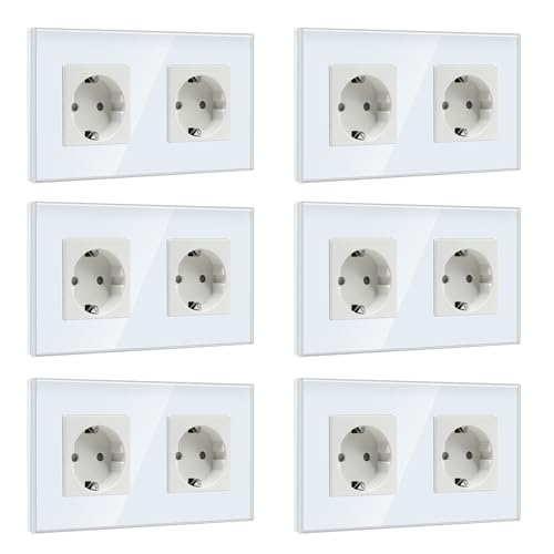 BSEED 6 Pacote tomada de parede, chuko tomada dupla, tomada de corrente dupla com painel de vidro branco, 16 A 250 V tomadas de extensão para cozinha, quarto, escritório, hotel, etc
