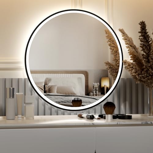 furduzz fuduzz Espelho de casa de banho LED circular, moldura preta, espelho de maquilhagem de 700 mm com luz, espelho de parede de iluminação anti-nevoeiro, função de memória, 3 cores, ajustável