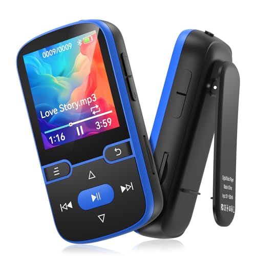64 GB Leitor MP3 Bluetooth 5.3 com clipe, reprodutor de música portátil com rádio FM, pedómetro, gravador de voz, reprodução aleatória, peso apenas 28 g, cartão TF de até 128 GCard fino a 128 G