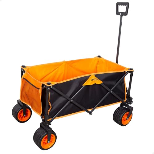 Aktive Carrinho de transporte dobrável, praia, jardim, campismo, até 100 kg, rodas robustas e giratórias de 360 graus com travões, cabo multiângulo, com bolso, com capa, porta-cadeiras, preto e