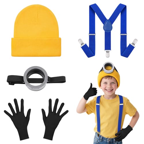 DiULi Acessório de fantasia, 4 peças acessórios amarelos de cosplay para crianças, kit de decoração com óculos animados, chapéu, luvas e alças azuis, para festas, Halloween, carnaval