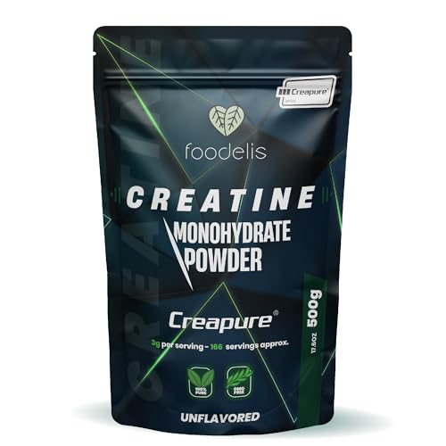 Foodelis Creatina creapure 500 g em pó - 100 % creatina monohidratada creapure - sem sabor, não-OGM, vegan, pura sem aditivos - inclui doseador - alta solubilidade