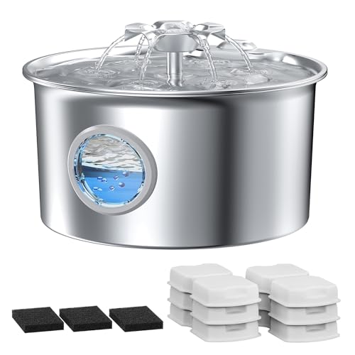 Bebedor gatos aço inoxidável: Fonte gatos - fonte de água para cão - 2,6 l bebedor cães - dispensador de água para animais de estimação automático - cascata de flores - com 6 filtros 3 esponjas